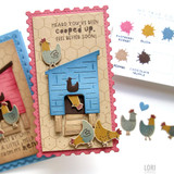 Handmade greeting card with chickens on it and heard you've been cooped up. Feel better soon sentiment on it.