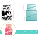 Graphic of cake themed combo including rubber stamp, die, and 3D embossing folder for paper crafting.