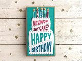 Handmade greeting card with layered cake on it with did someone say cake? happy birthday sentiment on it with sparkles in the background.