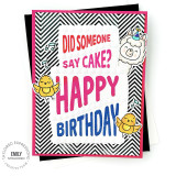 Handmade greeting card with layered cake on it with birds and a party llama with did someone say cake? happy birthday sentiment on it with cardstock in background.