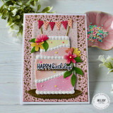 Handmade greeting card with layered cake on it with happy birthday sentiment and sparkles and flowers in the background.