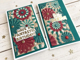 Two handmade greeting cards with paper fans on it and one having have a fantastic birthday sentiment on it and the other having let's party sentiment on it.