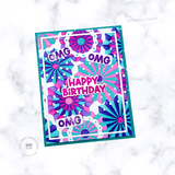 Handmade greeting card with paper fans on it and omg sentiment and happy birthday sentiment on it.