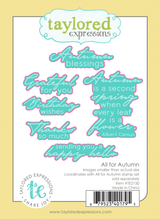 Graphic of packaging of 6 steel die autumn and fall sentiments used for paper crafting.