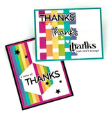 Two handmade greeting cards that are colorful and both have thanks sentiment on them.