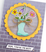 Handmade greeting card with a rain boot on it with flowers in it and mom, you're the best sentiment on it.
