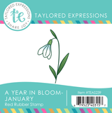 Graphic of A Year in Bloom - January red rubber stamp of one flower.