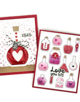 Two handmade greeting cards with hearts on them and potion bottles with one having and xoxo sentiment and the other having love you lots sentiment on it.