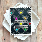Handmade greeting card of hearts and I miss seeing you and I think of you often sentiments on it with cardstock in background.