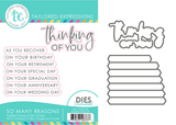 Graphic showcasing the So Many Reasons red rubber stamp and coordinating steel die set, featuring a variety of heartfelt sentiments for celebrating special occasions and meaningful moments.