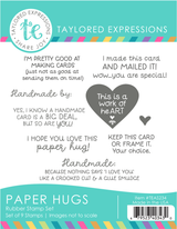 Graphic of packaging of 9 different red rubber stamps with paper hug sentiments and hearts for paper crafting.