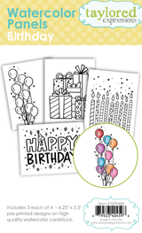 Graphic of 4 different watercolor panels for the inside of cards that are birthday themed for cardmaking.