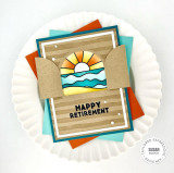 Handmade card with happy retirement sentiment and arched window with slates opening up to sunset background.