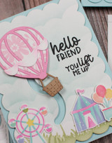 Handmade greeting card with hot air balloon on it and hello friend you lift me up sentiment on it.