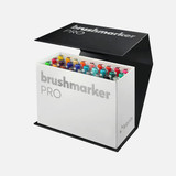 Box opened of Karin Brushmarker PRO Set featuring 26 vibrant colors plus a clear blending brush with side view.