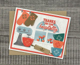 Handmade greeting card with baking supplies on it and thanks for your hospitality sentiment on it.