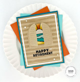 Handmade card with happy retirement sentiment and arched window with slates opening up to sunset background.
