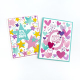 Two handmade greeting cards, one with it's your day sentiment with stars and one with miss your face sentiment with hearts.