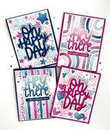 Four handmade greeting cards with different greeting sentiments on them with hearts, stars, streamers, and circles.