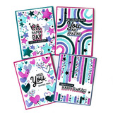 Four handmade greeting cards with different greeting and birthday sentiments on them with hearts, stars, streamers and circles.