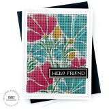 Handmade greeting card with flowers on it and hello friend sentiment on it with cardstock in background.