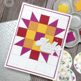 Handmade greeting card with colorful squares on it and hello lovely sentient on it with crafting materials in background.