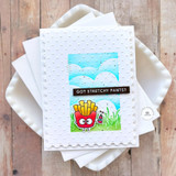 Handmade greeting card with french fries on it and got stretchy pants? sentiment on it with cardstock in background.