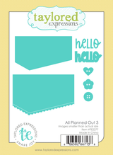 Graphic of All Planned Out 3 Die set that includes a banner, hello sentiments, and buttons with shapes for papercrafting.