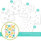 Graphic of Scattered Blooms Layering Stencil which includes 5 stencils for created flowers and leaves for papercrafting. Graphic of Scattered Blooms Layering Stencil which includes 5 stencils for created flowers and leaves for papercrafting.