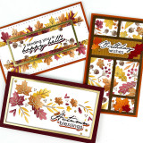 Three handmade greeting cards with fall leaves on each with fall sentiments on all of them.