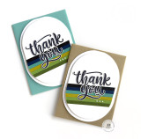 Two handmade greeting cards with stripes on both and thank you sentiments on each.