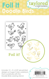Graphic of packaging of doodle birds foil it for paper crafting.