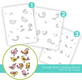 Graphic of packaging of three stencils that create doodle birds used for paper crafting.