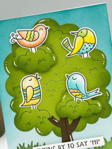 Handmade greeting card with doodle birds on trees with flying by to say hi sentiment.