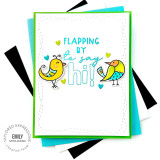 Handmade greeting card with two doodle birds and flapping by to say hi sentiment with colorful cardstock in background.