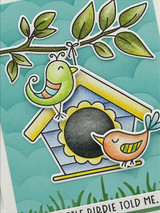 Handmade greeting card with two doodle birds in birdhouse with a little birdie told me sentiment.