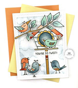 Handmade greeting card with doodle birds and birdhouse with you're so tweet sentiment on colorful cardstock background.