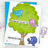 Handmade greeting card with doodle birds in tree with flying by to say hi and you're so tweet sentiments with doodle bird in background.