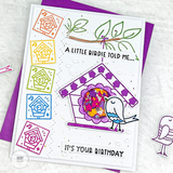 Handmade greeting card with doodle bird and birdhouses with a little birdie told me... it's your birthday sentiment with doodle birds in background.