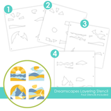 Four layering stencils that create four different backgrounds including sunrise with waves, rolling hills, mountain reflection, and rolling hills with a path.
