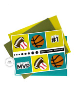 Greeting card with happy happy birthday sentiment, footballs, baseballs, and basketballs.