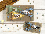Handmade father's day card with three sentiments you're #1, you're the mvp, and happy father's day and a handmade tag with sentiment saying we love dad.