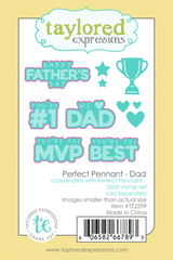 Perfect pennant die set with sentiments saying happy father's day, you're the mvp, you're the best, you're #1, we love dad, and heart shapes.