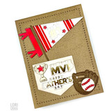 Handmade father's day card with happy father's day sentiment, baseball mitt, baseball, champion cup, and sports flag.