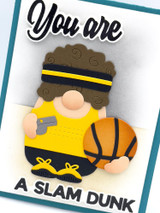 Handmade greeting card with a gnome dressed up as a basketball coach with sentiment saying you are a slam dunk.