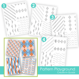 Four different patterned layering stencils called create-in-quads.