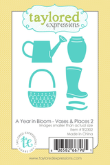 Graphic of packaging six steel die including gardening items like rainboot, watering can, and vases.