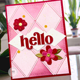 Handmade greeting card with hello sentiment with flowers in background.