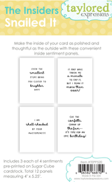Graphic of packaging of 4 snail themed sentiments for inside panels for paper crafting cards.