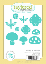 Graphic of packaging of 10 mushroom and flower steel dies for paper crafting.